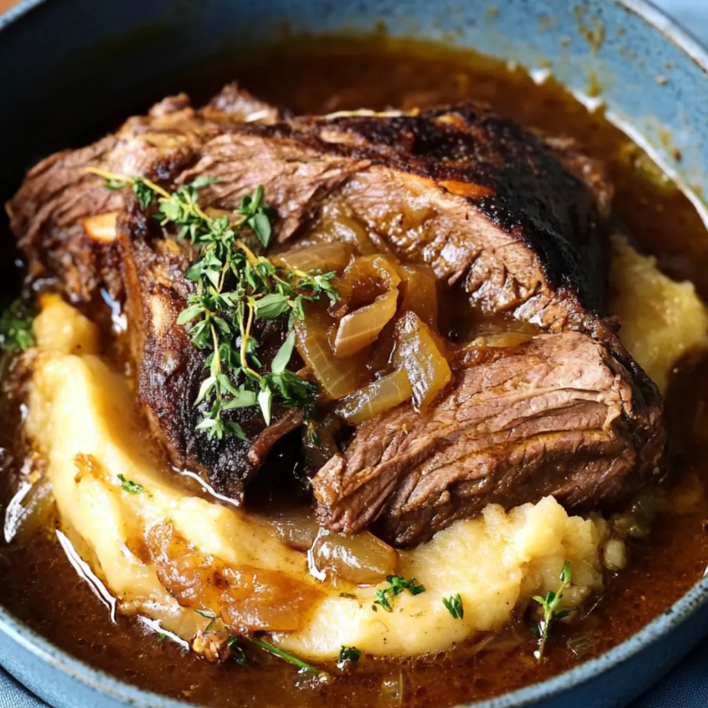 Tender French onion pot roast served over creamy Gruyère mashed potatoes, topped with rich onion gravy in a rustic bowl.