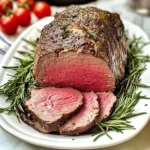 beef round eye roast 1 beef round eye roast with herbs on a white platter garnished with rosemary.