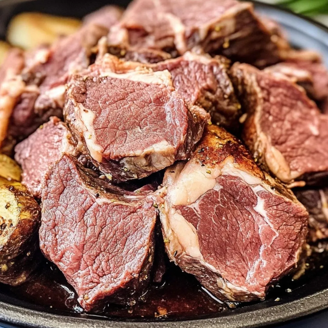 Slow-roasted boneless beef chuck eye roast garnished with fresh herbs and served with roasted vegetables