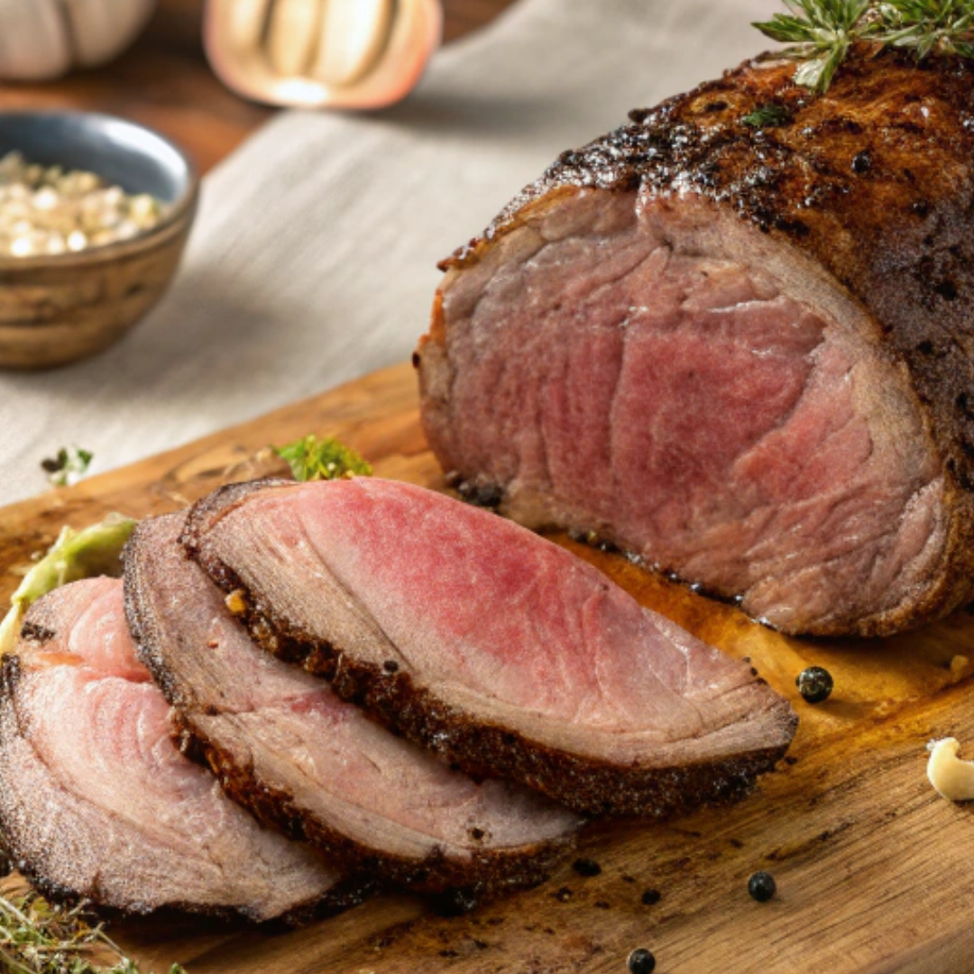 Juicy beef chuck eye roast sliced on a rustic wooden board with herbs and garlic.