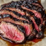 beef chuck roast on pellet grill 1 Sliced smoked beef chuck roast with a dark bark and smoke ring on a cutting board.