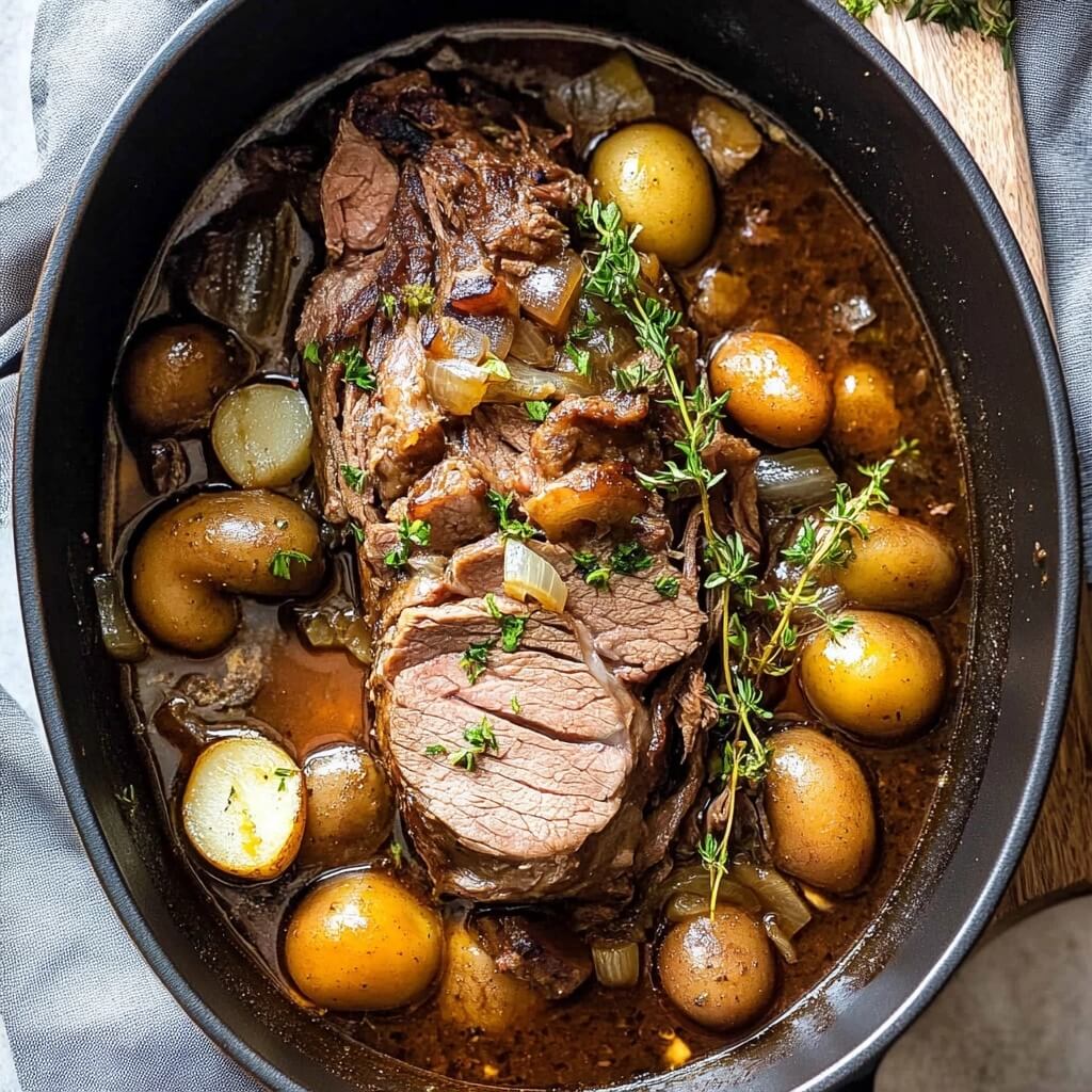 Tender beef round eye roast slow cooked with baby potatoes, carrots, and celery in a rich broth