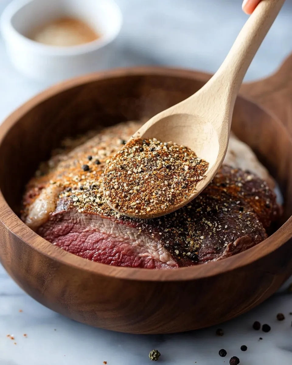 Homemade pot roast seasoning blend in a small glass jar with spices like garlic powder, thyme, and smoked paprika.