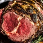 recipe for boneless standing rib roast 1 Boneless standing rib roast with herb butter crust, sliced and served.