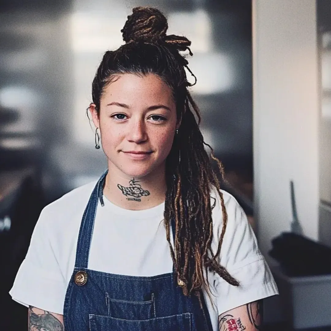About me 1 Marie cooking a comforting homemade meal in a warm, inviting kitchen, surrounded by fresh ingredients.