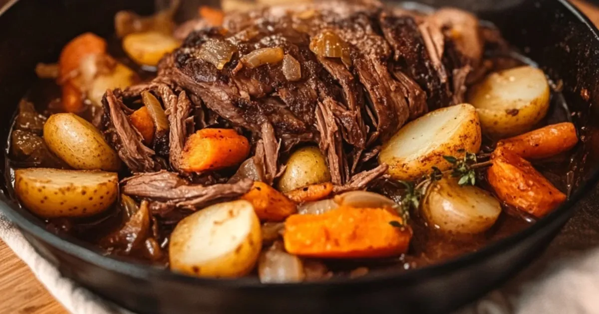 Slow-cooked deer neck roast with vegetables in a Dutch oven