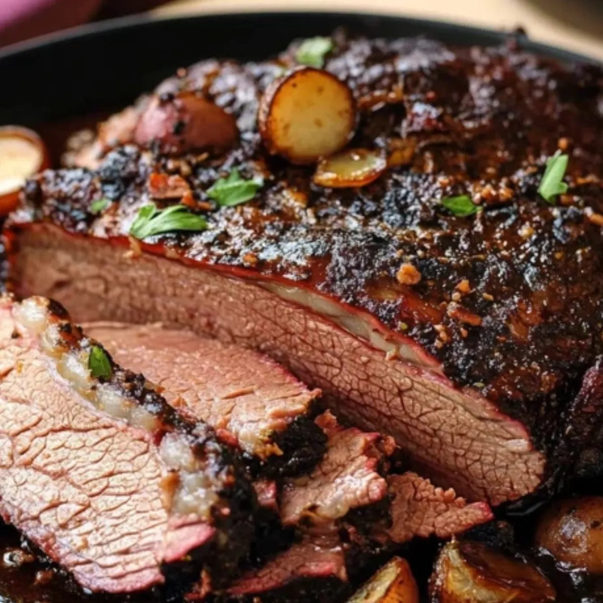 Smoked chuck roast brisket sliced on a wooden board