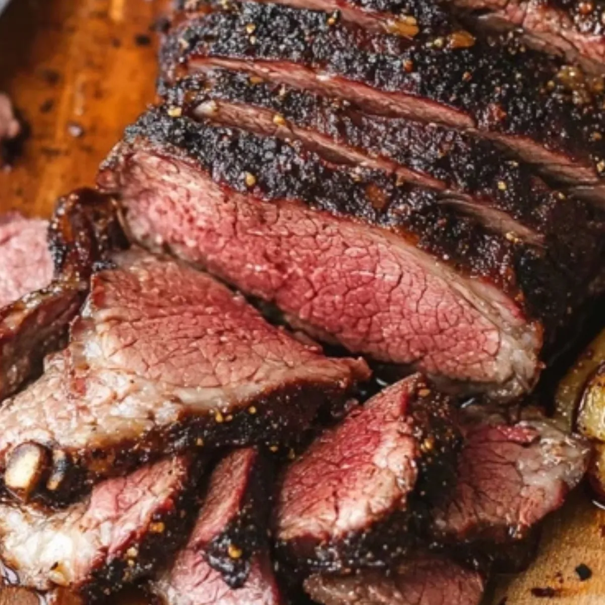 smoked chuck roast sliced on a cutting board with bark crust and smoke ring