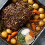 Pot roast seasoning 1 Oven-roasted pot roast with potatoes and carrots seasoned with homemade spice blend of garlic powder, rosemary, thyme, paprika, and sea salt