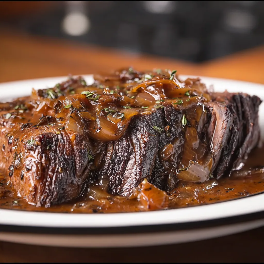 Close-up of certified angus beef chuck tender roast covered in savory onion gravy